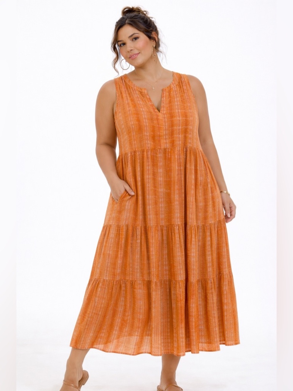 J. Jill Tiered Midi Dress Orange Tie Dye Print Cotton Sleeveless Size 1X